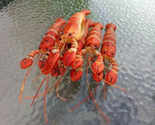 A Vintage Set Of 6 Hand Carved & Painted,  Wood Form Lobster Napkin Rings