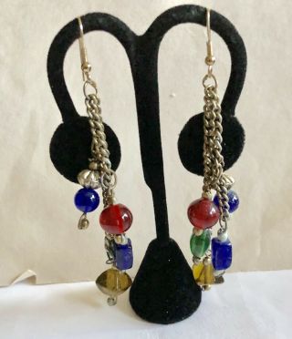 Vintage Mid - Century Mod Geometric Colorful Glass Bead Dangling Pierced Earrings