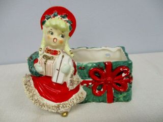 Vintage Lefton 024 Christmas Little Girl With Presents Wall Pocket Planter