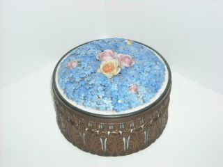 Antique Elfinware Trinket Jar Dresser Box Flowers 5 " German Ormolu Mounted