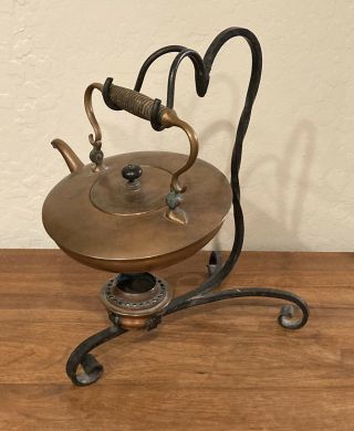 Vintage Copper/wood Handle Tea Pot Kettle Cast Iron Stand Warmer Mcm L@@k