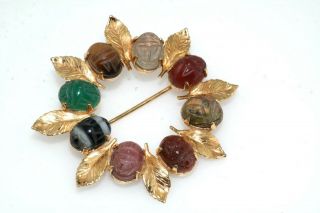 Vintage Stone Carved Scarab Beetle Leaf Gold Filled Circle Pin Brooch