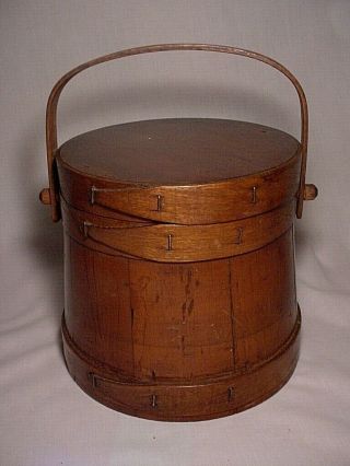 Antique Wooden Sugar Firkin / Bucket 6 3/8 " Lapped Bands Handle & Lid