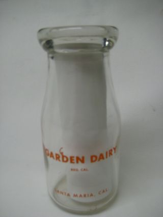Vintage Garden Dairy Santa Maria California 1/2 Pint Acl Milk Bottle W Cow 1951