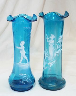 2 Old Mary Gregory Blue Glass Hand Painted Hand Blown Vases Victorian Lady & Boy