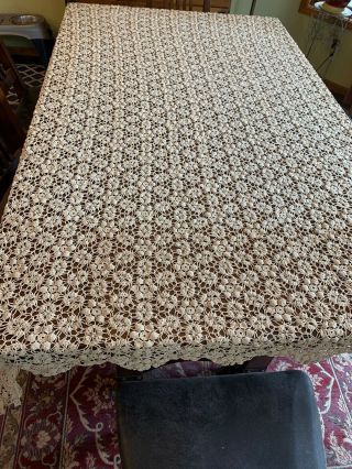 Antique Cream Coverlet Crochet Lace Bed Cover Handmade Tablecloth