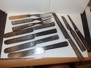 Vintage Civil War Era Wooden Handle Knife & 3 Tine Fork Set Estate Find