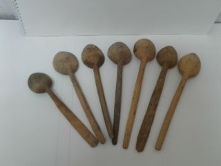Antique Primitive Old Hand Made /carved Wooden Spoon Paddle Set Of 7