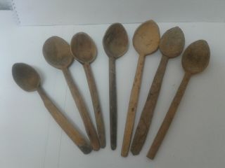 ANTIQUE PRIMITIVE OLD HAND MADE /CARVED WOODEN SPOON PADDLE SET OF 7 2