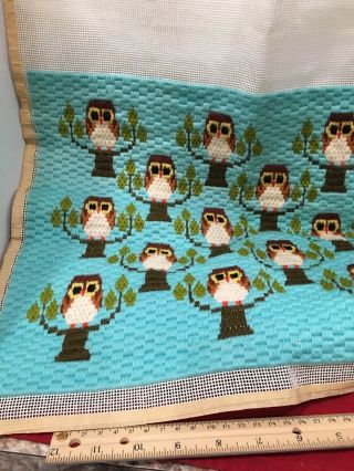 Vtg Owl Turquoise Embroidered Crewel Wall/chair Decoration 15x15”