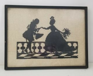 Vintage Framed Cross Stitch Black Silhouette Romantic Couple