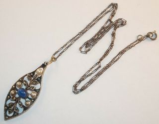 Antique Art Nouveau Silver Plated Lavaliere Pendant Marcasites Pearls Necklace