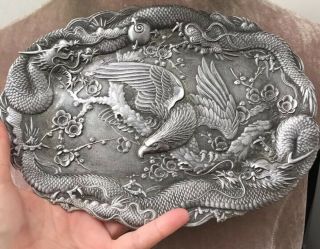 Antique Pewter Chinese Bird Of Prey Dragon Trinket Dish