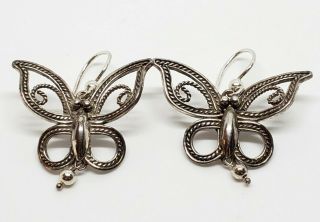 Ornate Vintage Signed Bj 925 Sterling Silver Modernist Butterfly Dangle Earrings