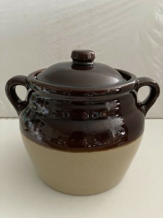 Vintage Monmouth Pottery Usa Bean Pot Crock W/ Lid Brown Glazed Stoneware Marked