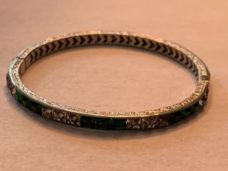 Antique Art Deco Paste Green & Clear Rhinestone Sterling Silver Bangle Bracelet