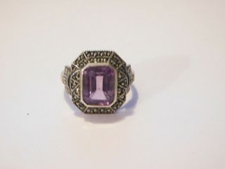 Vintage Ring,  Large Purple Amethyst Stone,  Sterling Silver Band,  Fancy Mounting