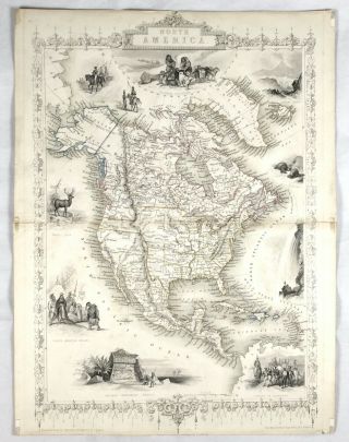 Antique Engraved Map Of North America With Vignettes,  Tallis,  C1851