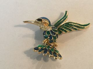 Vintage Costume Jewelry Hummingbird Enamel And Rhinestones Brooch Pin