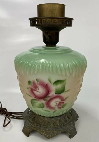 Vtg Antique Glass & Metal Hurricane Oil Lamp Base Only Hand - Painted