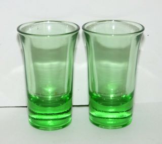 2 Vintage Shot Glasses Heavy Bottom Green Depression Glass Uranium
