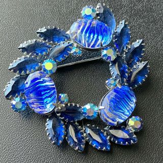 D&e Juliana Vintage Sapphire Blue Givre Glass Flower Ab Rhinestone Brooch Pin 2