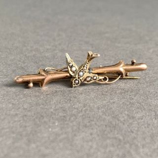Antique Victorian 9ct Gold Seed Pearl Swallow Bird Brooch