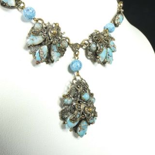 Pretty Antique Art Deco Czech Turquoise Glass & Filigree Necklace Pendant Drops