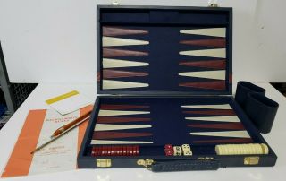 Vtg Backgammon Set Blue Red Faux Leather Briefcase Classic Game Complete