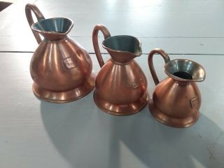 3 Vintage Graduated Copper Measuring Jugs - 1/2 Pint,  1 Gill,  1/2 Gill