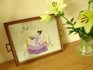 Vintage Crinoline Lady Hand Embroidered Wooden Tray Circa Early 1900 