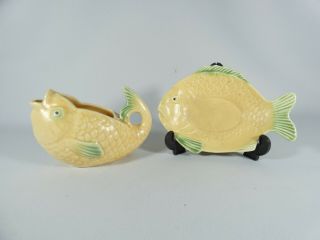 Antique Art Deco Shorter & Son Yellow Fish Gravy Sauce Jug Boat Plate Saucer Set