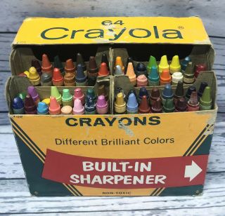 Vintage Box Of 64 Crayola Crayons W/ Sharpener & Indian Red Complete Set