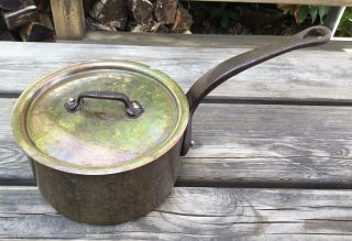 Old Vintage French Heavy Tin Lined Copper Saucepan With Iron Handle 16cm