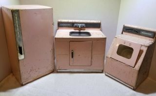 Nassau Vintage Tin Litho Kitchen Set Sink Washer Machine & Refrigerator Antique