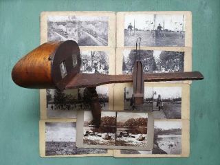 Antique Wooden Stereoscope Viewer With 10 Victorian Photograph Cards Train Sport