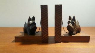 Vintage Pair Scottie Dogs Terrier Bookends Hand Carved Wood Black Forest