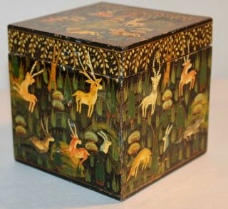Vintage Black Lacquer Box Kashmir India Animals In Forest