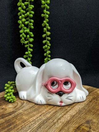 Vintage Kitsch Retro Money Box Piggy Bank Ceramic White Dog Hound Pink Glasses