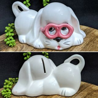 Vintage Kitsch Retro Money Box Piggy Bank Ceramic White Dog Hound Pink Glasses 2