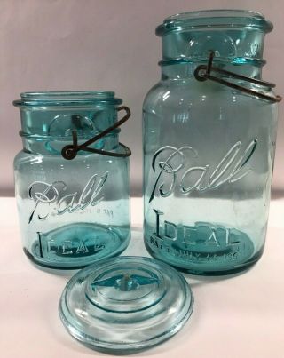Vintage 1923 - 1933 Blue Ball Ideal Quart & Pint Mason Jars W/ 2 Wires And 1 Lid