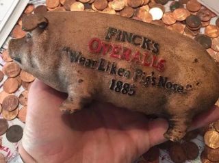 Fincks Overalls Cast Iron Piggy Bank Vintage Style Nr Antique Advertisement