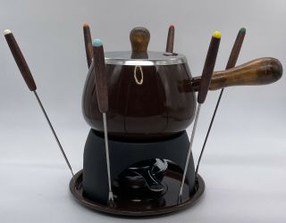 Vintage Deluxe Porcelain Chocolate/cheese Fondue Set & 6 Forks (brown) Mcm