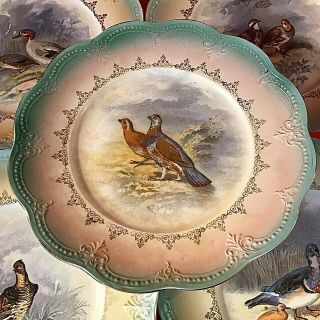 ANTIQUE LIMOGES GAME BIRD PLATES SET OF 6 HAND DECORATED SCALLOPED 8 1/8 
