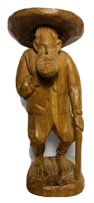 Vintage Hand Carved Signed Wood Figure Old Man Cane Walking Folk Art Hat Hobo
