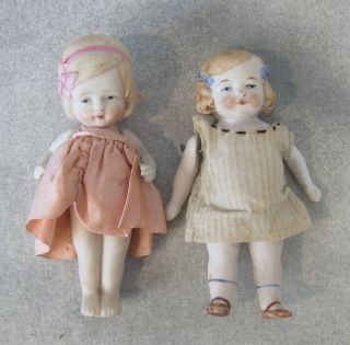 2 Antique All Bisque 4.  5 " Girl Dolls Nippon Molded Hair 4 Way Jointed Unmarked