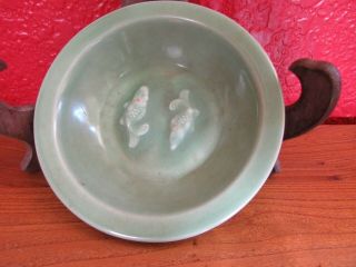 Lovely Chinese Antique Longquan Porcelain Bowl W 2 Fish
