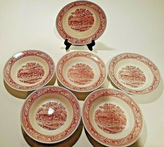 Set 6 Bowls Memory Lane Royal China Ironstone Red Pink Cereal 1965 Vintage