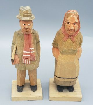 2 Vtg Swedish Wood Figures Hand Carved Old Couple Man Woman Sweden Scandinavia