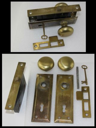 Vintage Industrial Russwin Bronze Mortise Lock Set Door Knobs Plates &key